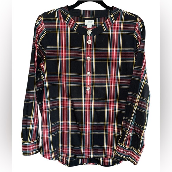 J. CREW Jeweled Button Popover Top Stewart Tartan Plaid Long Sleeve Stretch M - Picture 2 of 12
